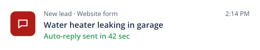 A new lead from the website form, "Water heater leaking in garage", with an auto-reply sent in 42 seconds